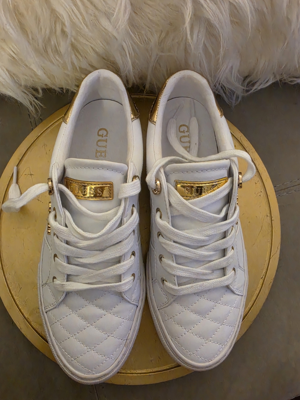 GUESS White Quilted Lace-Up Sneakers with Gold Accents - Picture 3 of 8